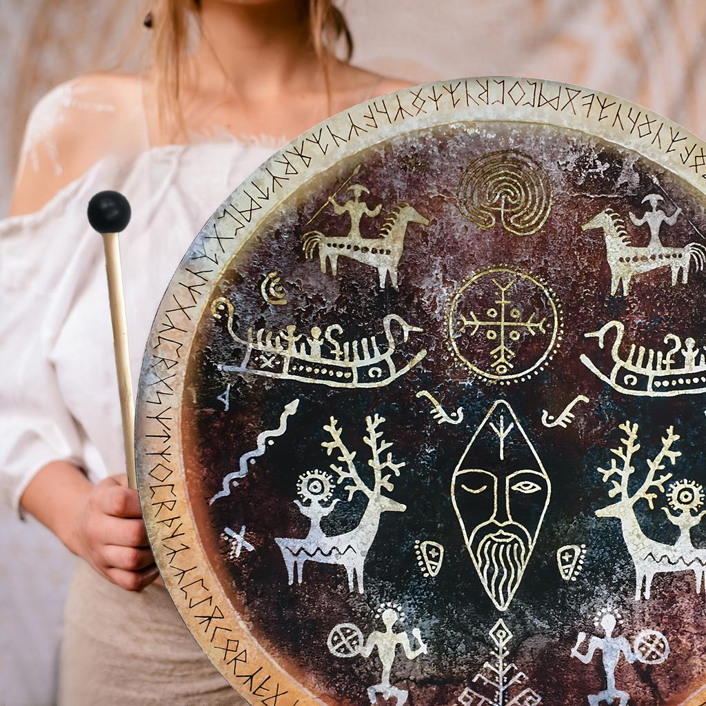 Viking Cave Drum with Handle Shamanic Rock Art Sound Healing Drum Vintage Tribal Design for Meditation Energy Healing  Gift