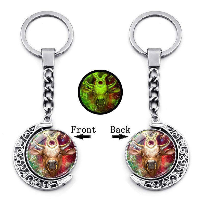 Luminous Twelve Constellations Time Gemstone Keychain Pendant Rotating Moon Pendant Metal Keychain Hanging Gift