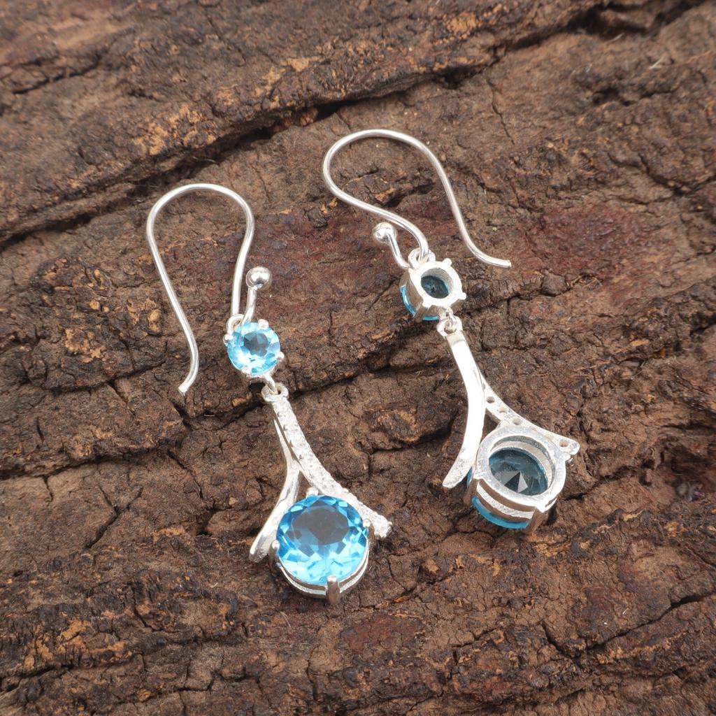 Swiss Blue Topaz Gemstone 925 Stamped Silver Jewelry Zircon Long Earrings 1.84" CZE-9-6