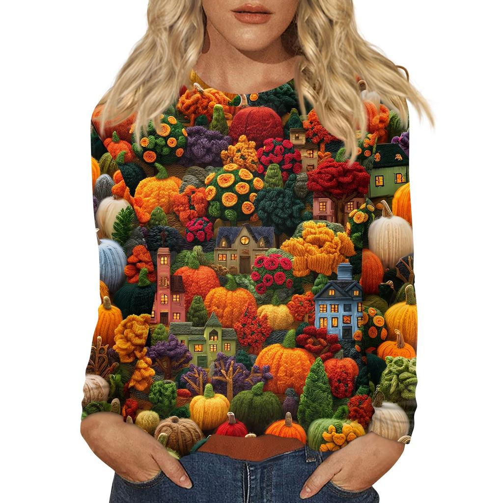 Women's Fashion Casual Halloween Printed Round Neck Long Sleeve Pullover Top