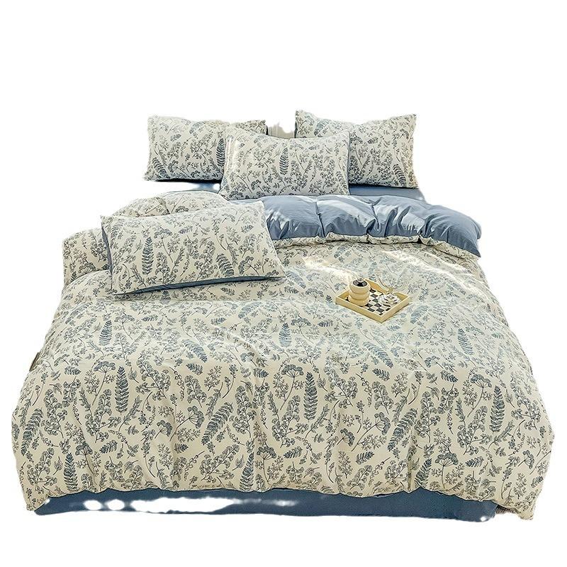 Washed Cotton 4Pcs Set, Double-Layer Yarn Quilt Cover, Dormitory Bed Sheet Three-Piece Set, Household Bedding