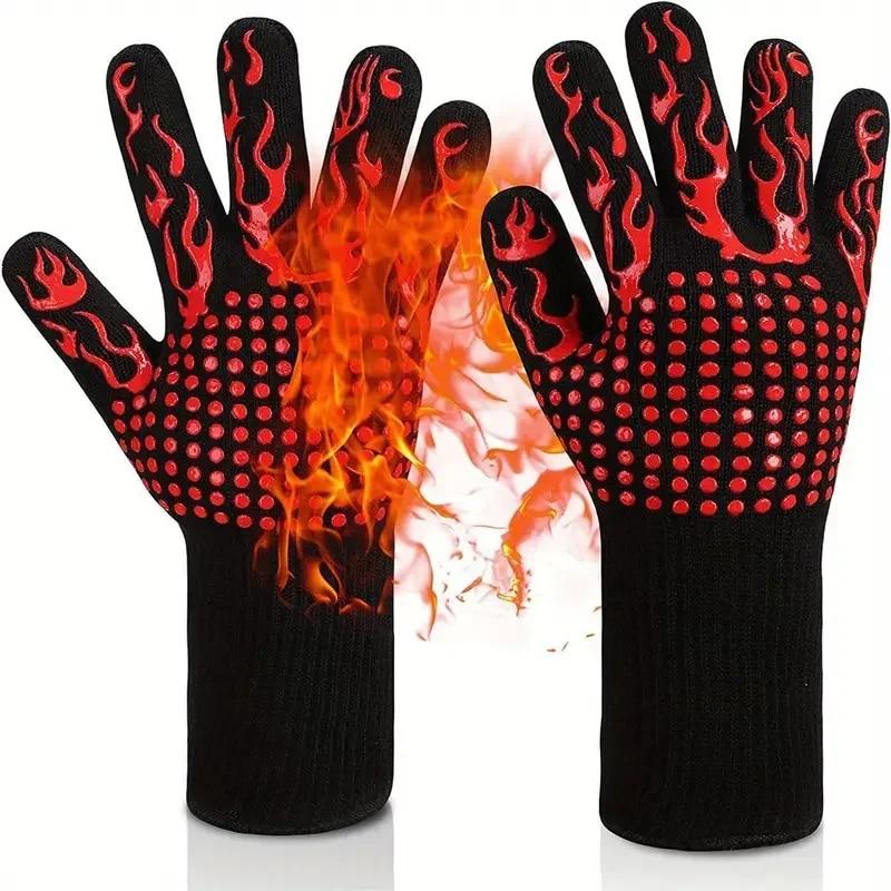 2pcs BBQ Microwave Oven Gloves Baking Oven Mitts Non-slip Fireproof Gloves Heat Resistant 800 Degrees Cooking Oven Gloves