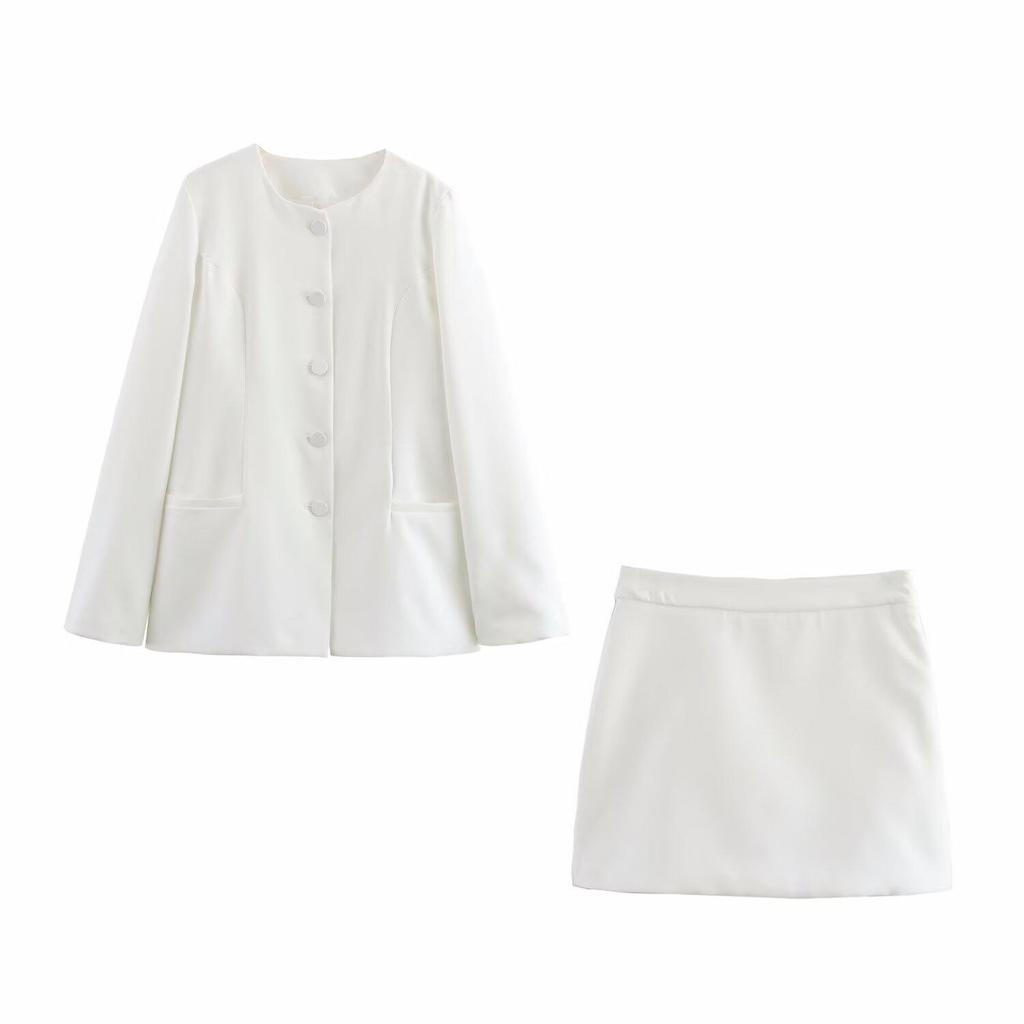 2025 Spring Women's Two-Color Round Neck Suit & Skirt Set - European & American Style