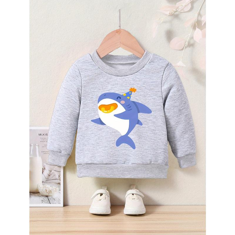 Shark Cartoon Print Casual Crew Neck Long-sleeved Sweatshirt , Trendy Pullover Sportswear For Spring And Autumn
