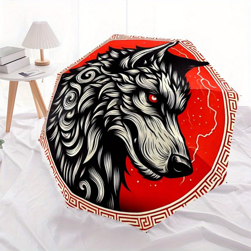 1pc Wolf Emblem Automatic Open/Close Umbrella Sturdy Iron Frame, Compact Travel Umbrella, Intricate Design Umbrella A0829078