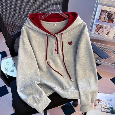 Sweat à capuche bicolore brodé d'un cœur pour femme - Mode Automne/Hiver 2025, Coupe ample, Design polyvalent