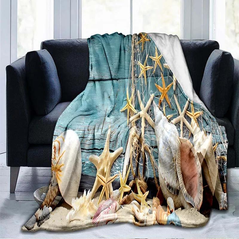 Beach Shells Landscape 3D Printed Throw Blanket Bedspread Flannel Home Blanket Plush Soft Comfortable Home Decor Blanket King