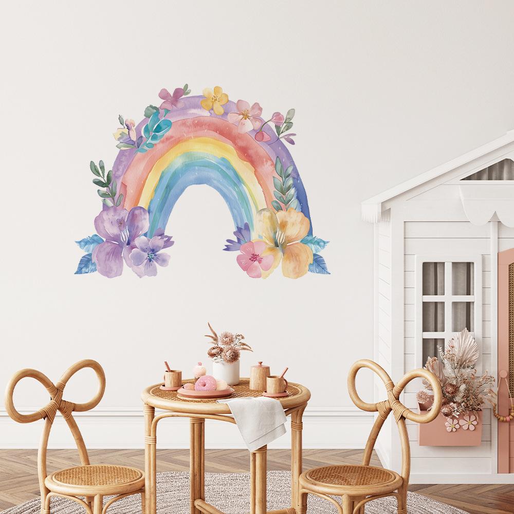 Fun-L056 Watercolor Rainbow Flower Leaves Children's Bedroom Home Background Wall Beautification Wall Sticker