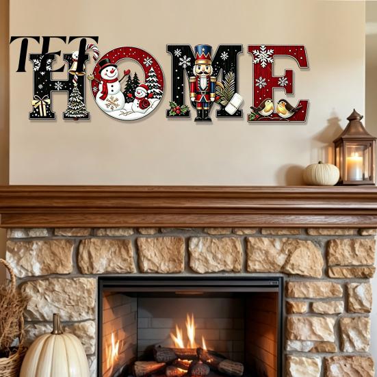 Christmas Wall Decorations 4Pcs HOME Wooden Letter Decor, Hanging Sign with Nutcracker Snowman Waterproof Porch Ornaments Tree Art, Farmhouse Holiday
