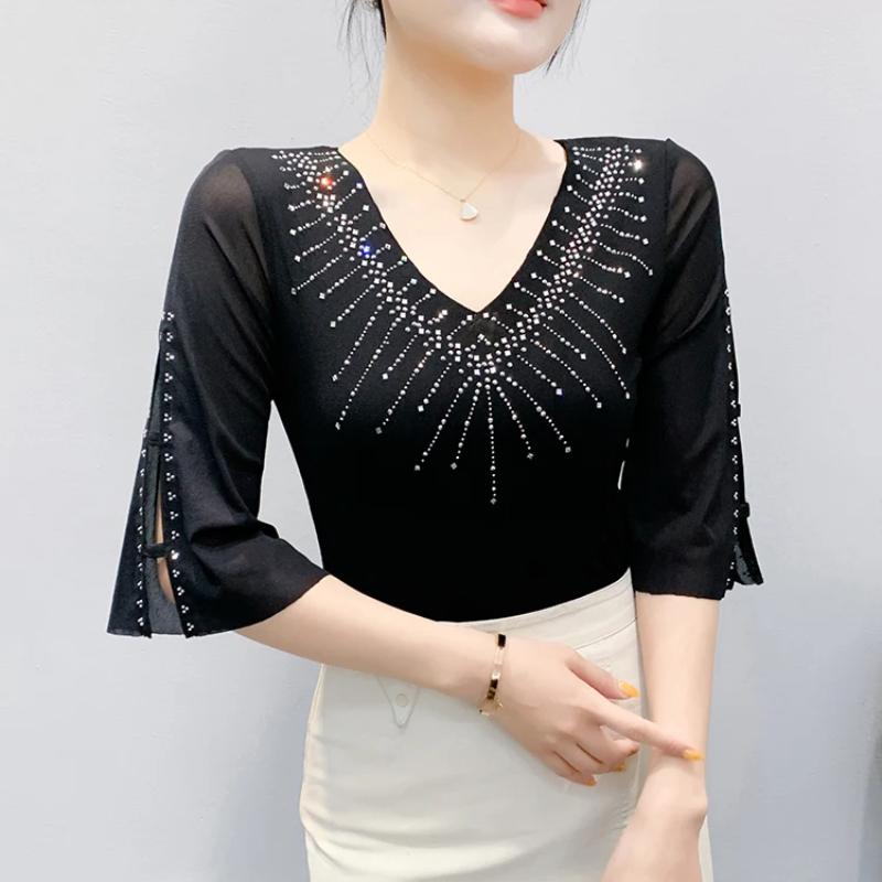 Sommer Kurzarm Damen T-Shirt Sexy V-Ausschnitt Glänzende Heiße Diamanten Oberteile Elegantes Mädchen Slim Mesh T-Shirts