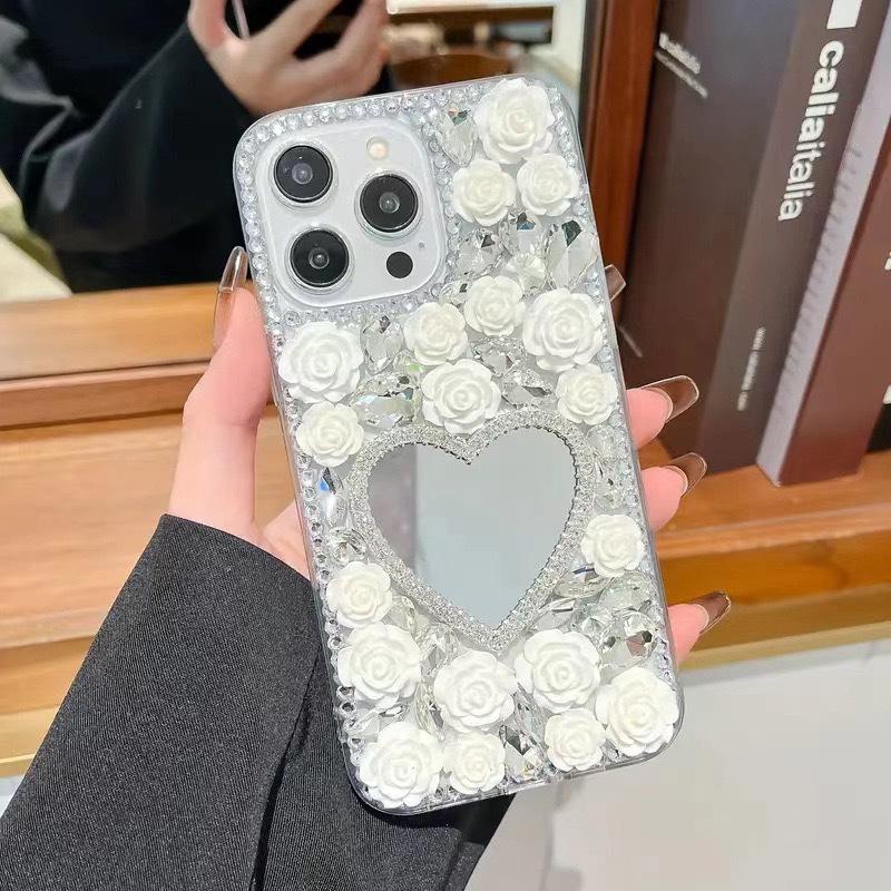 

Rhinestone Flower Love Mirror Iphone17Promax Mobile Phone Case For Apple 16Plus Luxury 14 Women S Models iPhone 7/8/SE 2020
