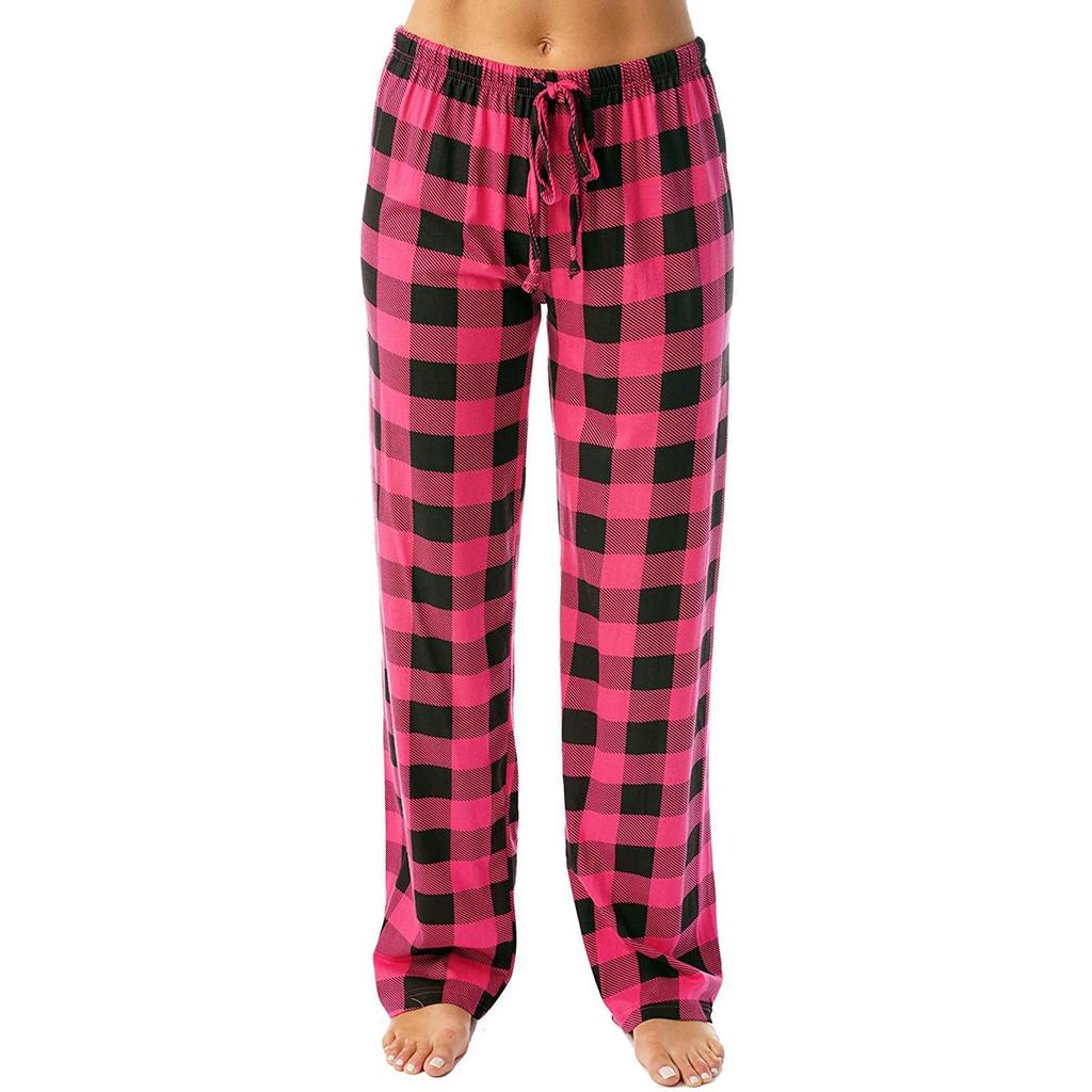 Casual Pants, Elastic Checkered Sleepwear, Loose Drawstring Wide Leg Pants