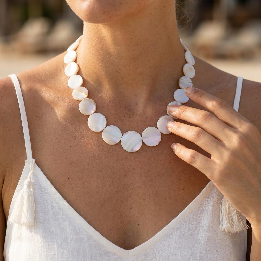 Collana Girocollo con Disco a Conchiglia Iridescente Mermaidcore per Donna Estetica Y2K Collana Rotonda con Perle Finte Gioielli per Vacanze Estive al Mare