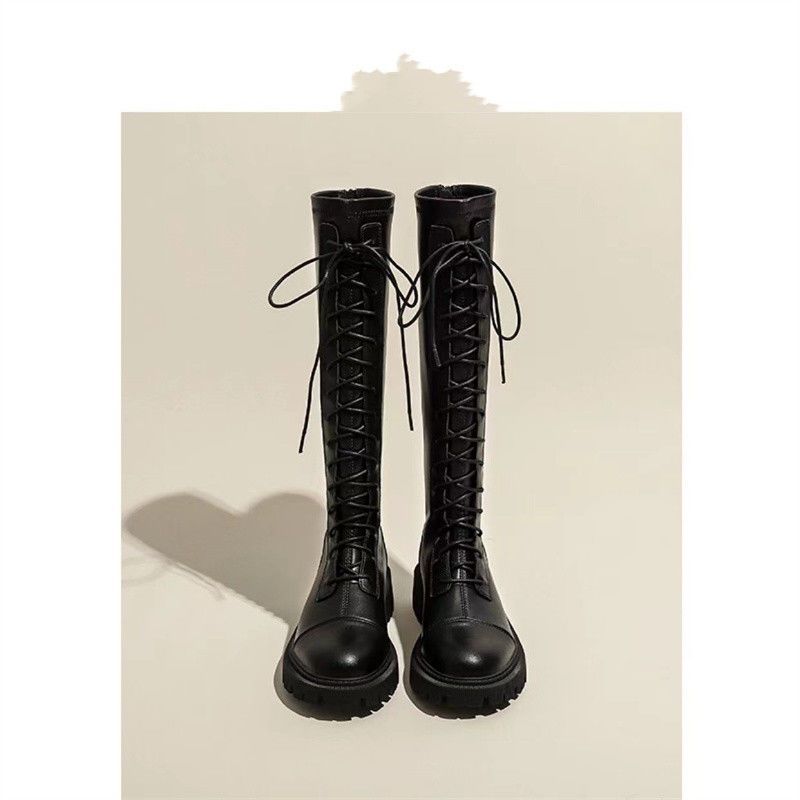 Martin boots thick-soled thin lace-up high boots long knight boots women's 2025 spring and autumn new velvet boots