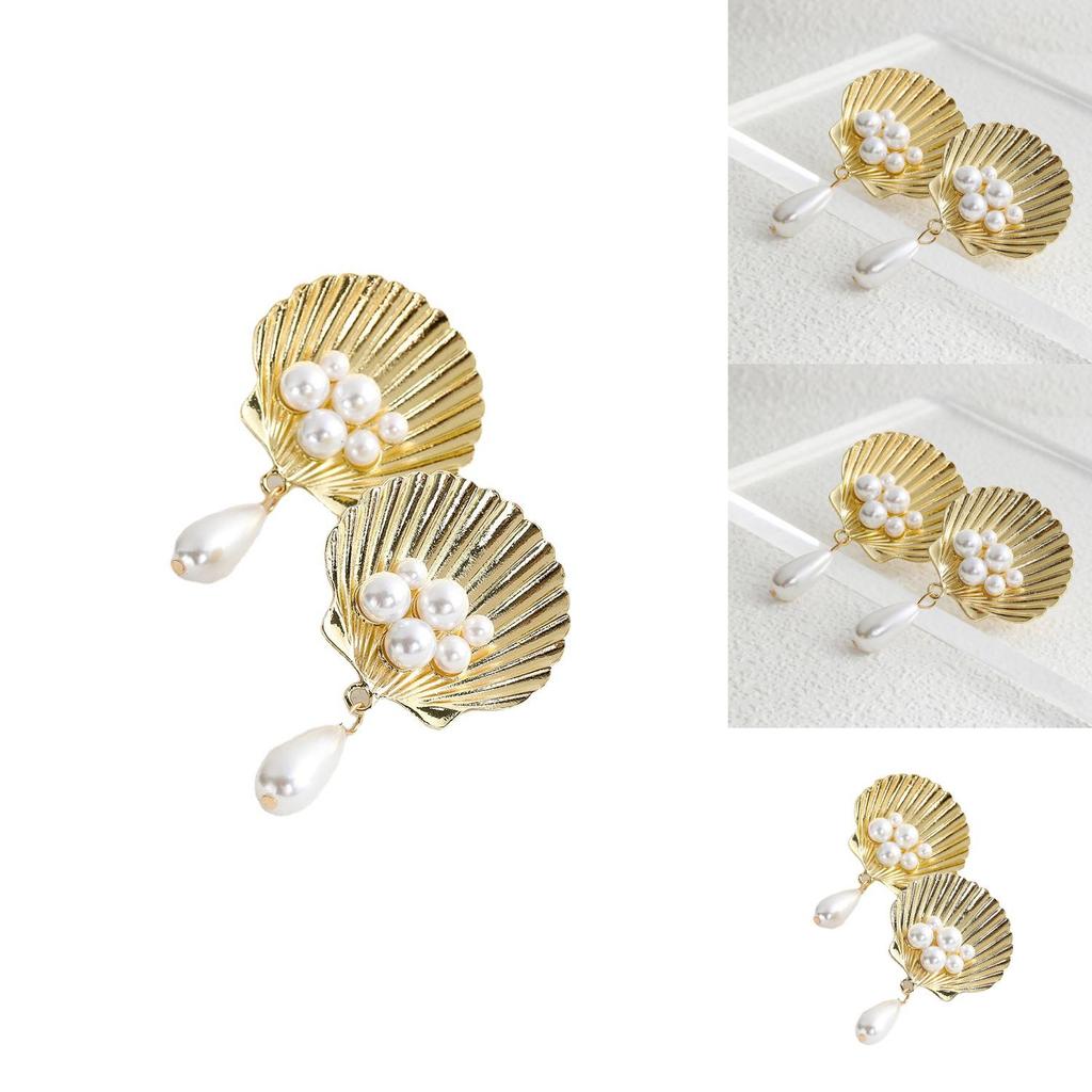 Trendy European American Natural Shell Pearl Earrings Chic Geometric Design Stylish Gold Alloy Jewelry