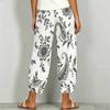 Women Plus Size White Green Floral Printed Loose Cropped Pants Cross Hem With Pockets