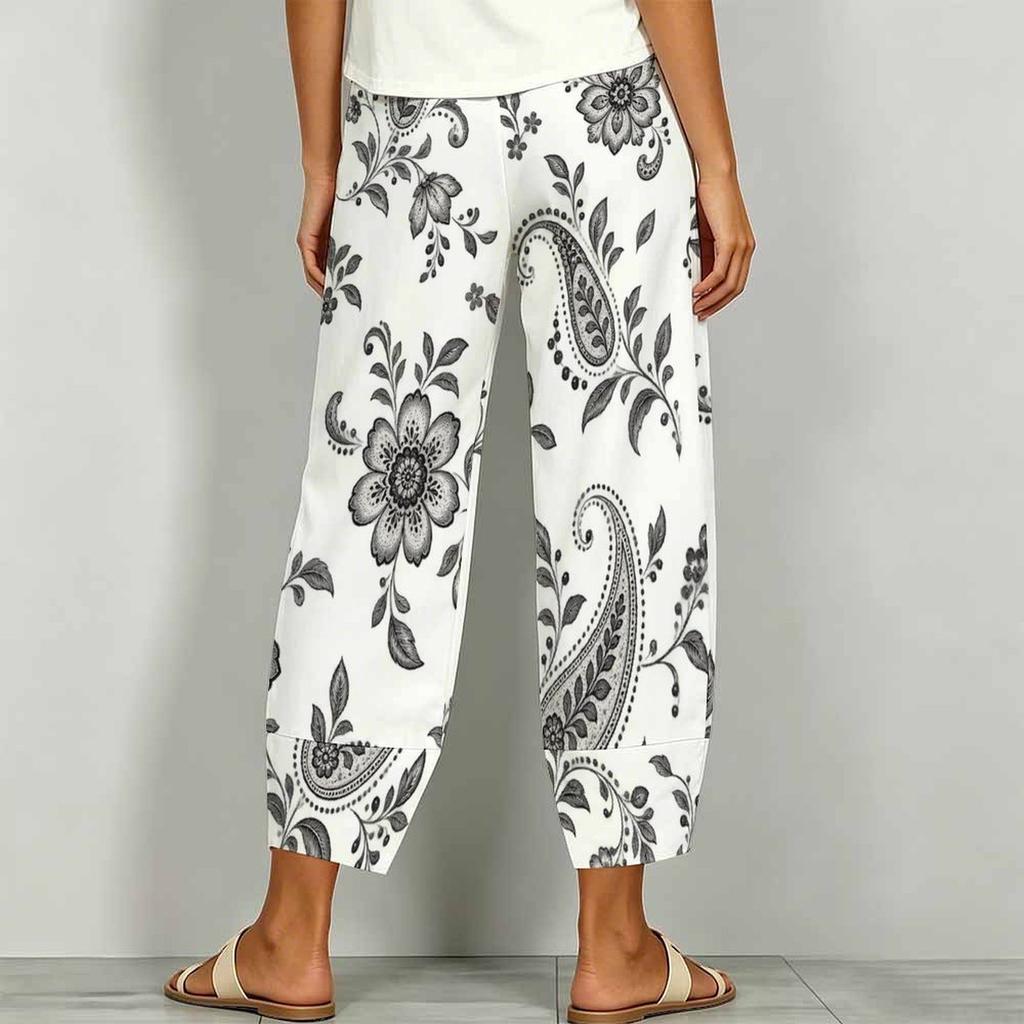 Women Plus Size White Green Floral Printed Loose Cropped Pants Cross Hem With Pockets