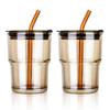2-Pack 13.5oz/400ml Iced Coffee Cups with Lids and Straws, Glass Tumblers Thick Wall Coffee Mug with Insulated Sleeves,Amber