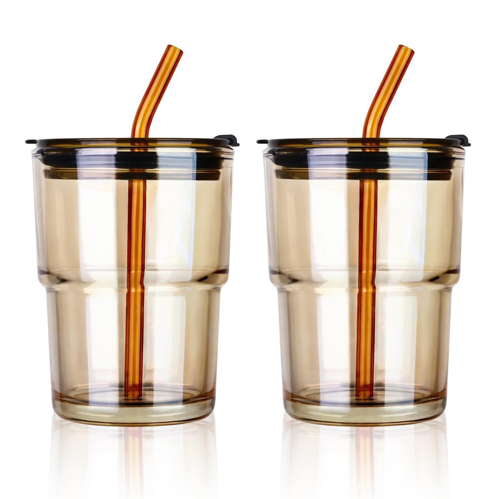 2-Pack 13.5oz/400ml Iced Coffee Cups with Lids and Straws, Glass Tumblers Thick Wall Coffee Mug with Insulated Sleeves,Amber