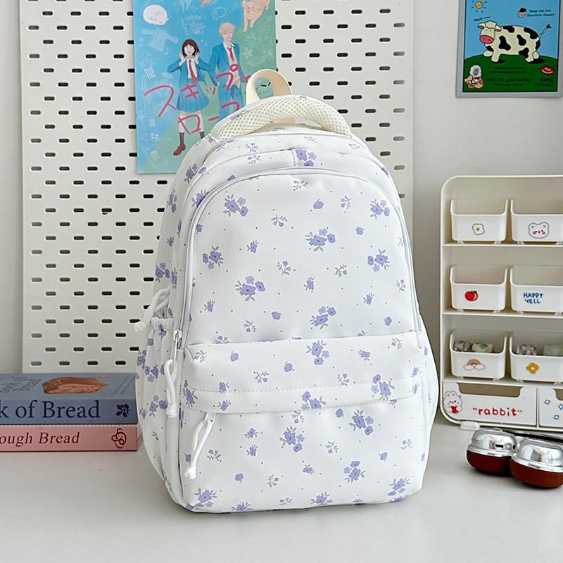 Minimalist Nylon Student Backpack With Geometric Pattern And Floral Details For Daily Use