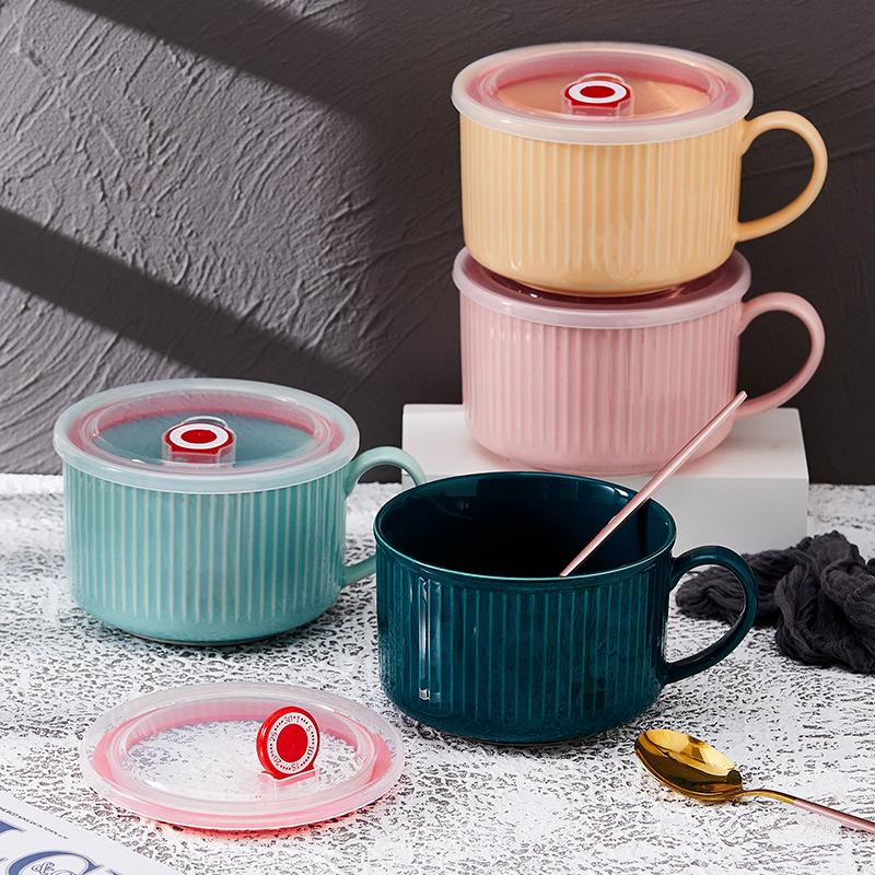 Nordic Ceramic Noodle Bowl with Lid Single Ear Design for Home Office Student Dormitory