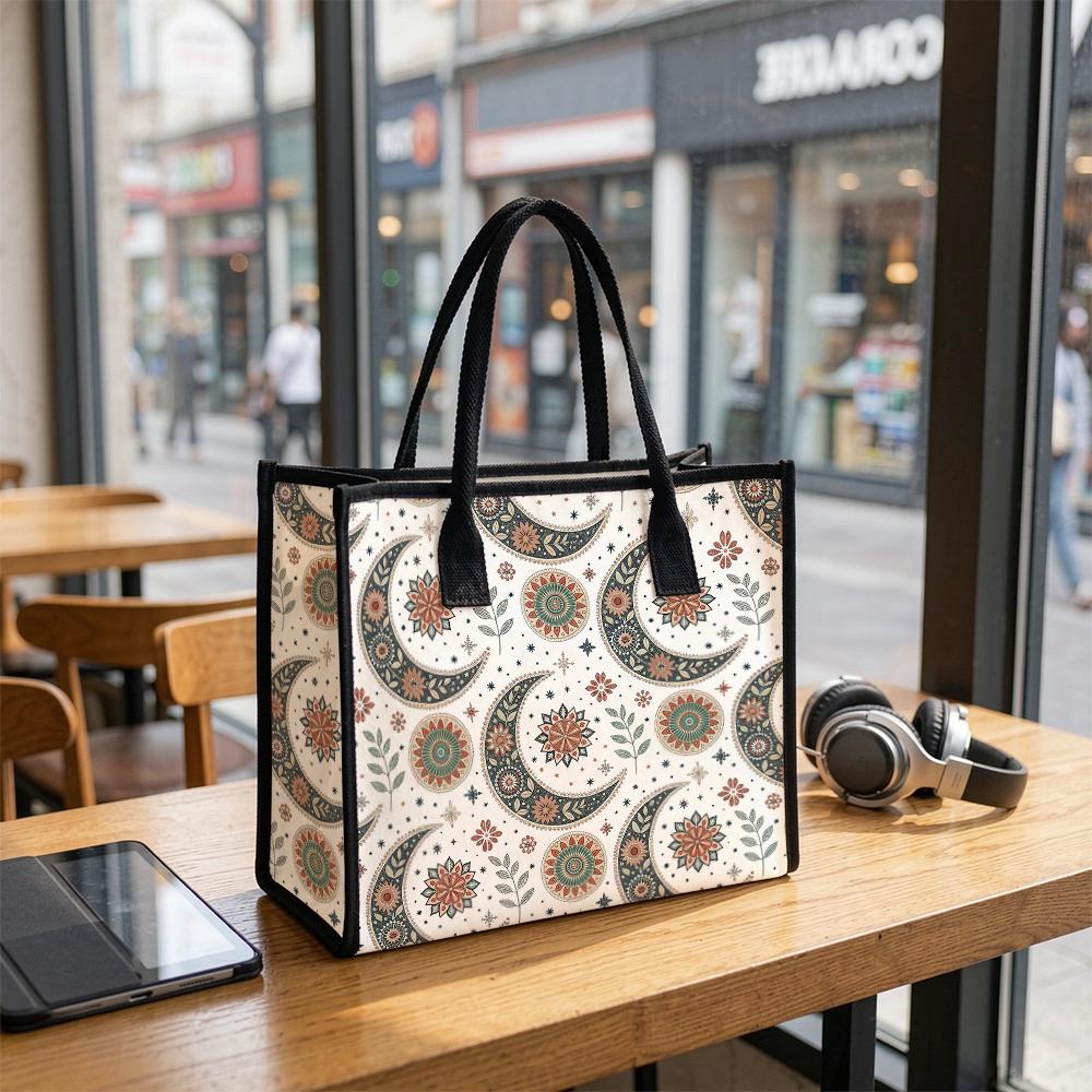 Boho Floral Moon Canvas Tote Bag Casual Daily Large Capacity Reusable Handbag for Shopping Travel
