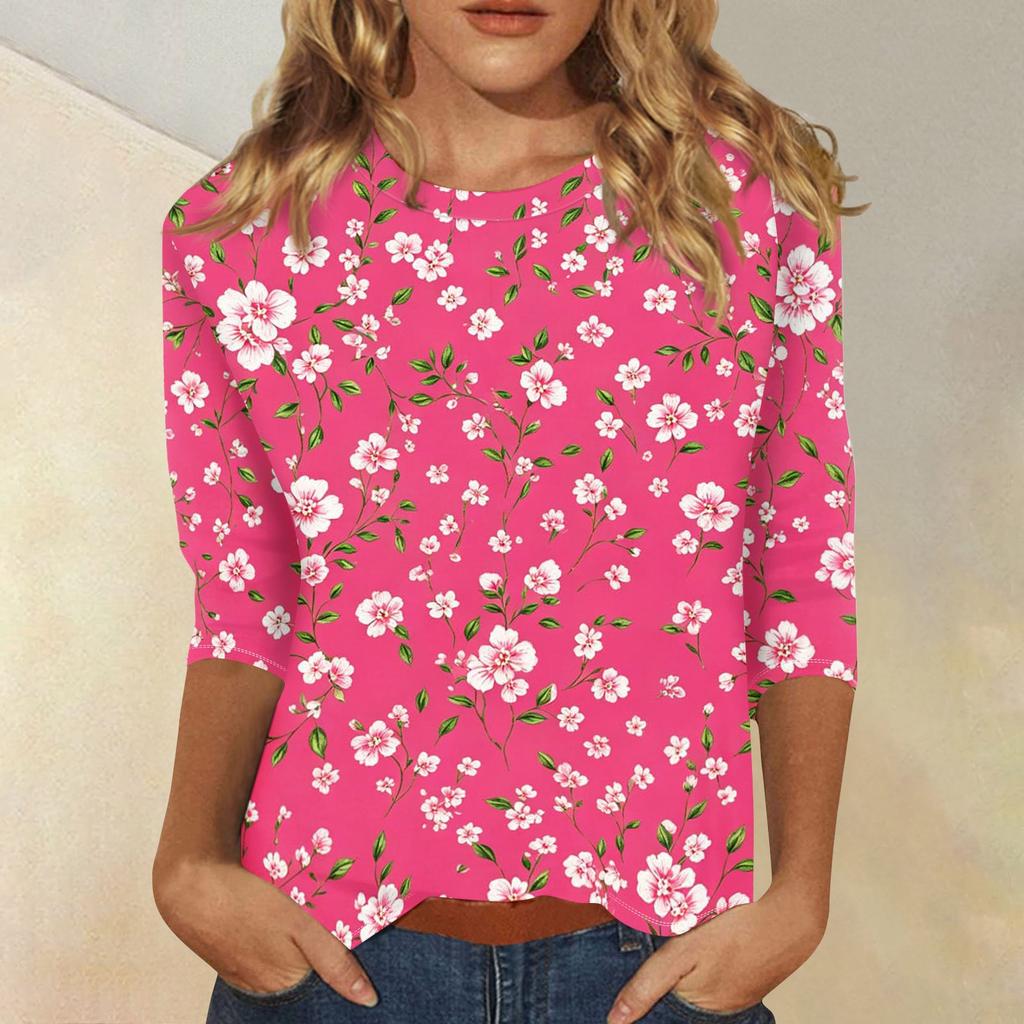 Damen Casual Oberteil mit Dreiviertelärm, Blumenprint, Rundhalsausschnitt, Lockerer Schnitt, Leichter Pullover-Bluse für den täglichen Gebrauch