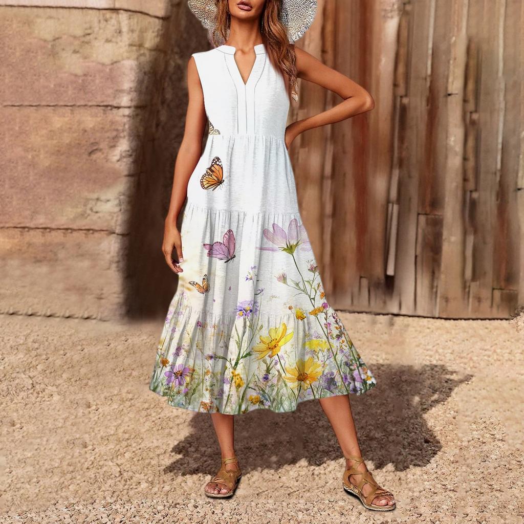 Women's Casual And Fashionable V-neck Sleeveless Printing Mid Length Dress