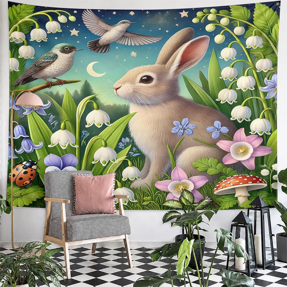 "Whimsical Rabbit In Flower Meadow" Pattern Wall Hanging Tapestry Decorative Tapestry Home Decor for Bedroom and Living Room