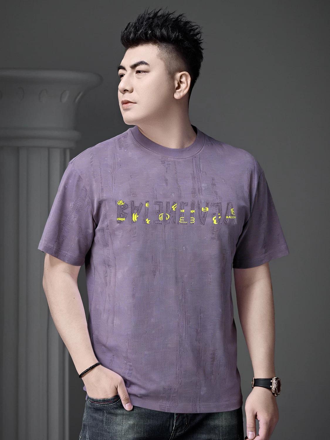 

European Style Round Neck Short-Sleeve T-Shirt for Men, 2026 Summer New Trendy Embroidered Distressed Top Half-Sleeve Tee for Men L фиолетовый