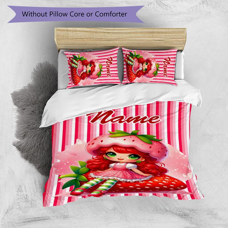 3pcs Strawberry Princess2 Cover Set - Personalized Name, HD Printed Bedding with 1 Cover and 2 Pillowcases - Perfect for Home Decor, Easy Care