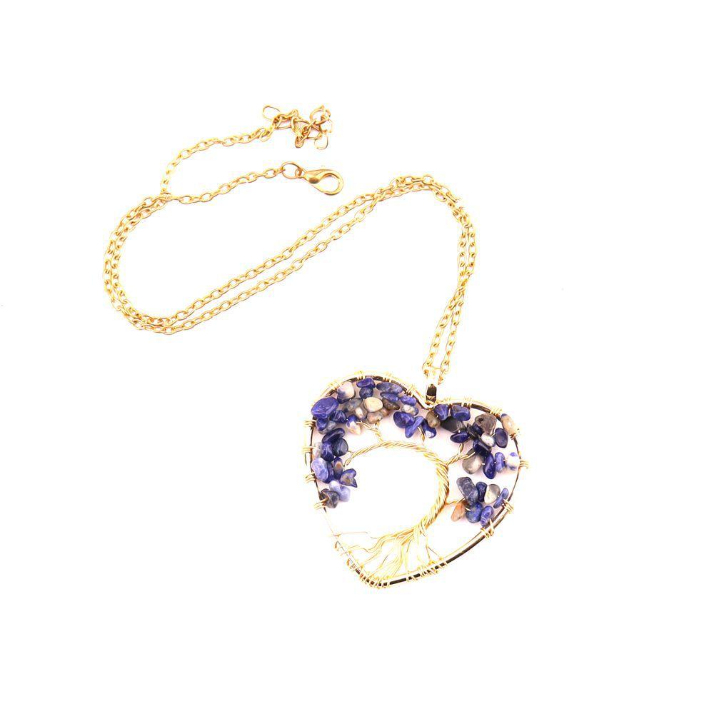Hand Winding Gold Peach Heart Curved Tree Of Life Necklace Gravel Crystal Pendant Necklace N54