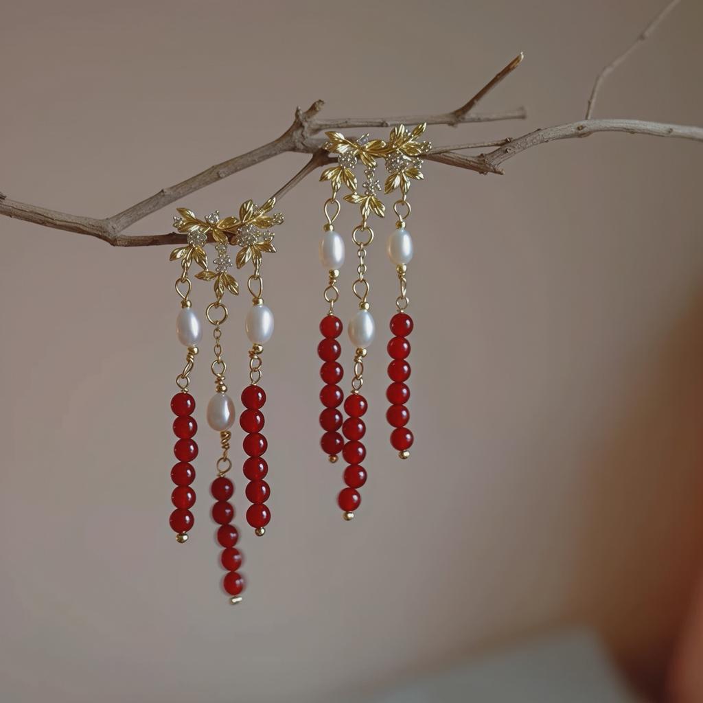 Red festive exaggerated personalized stud earrings heavy industry high-end earrings natural agate pearl new Chinese earrings