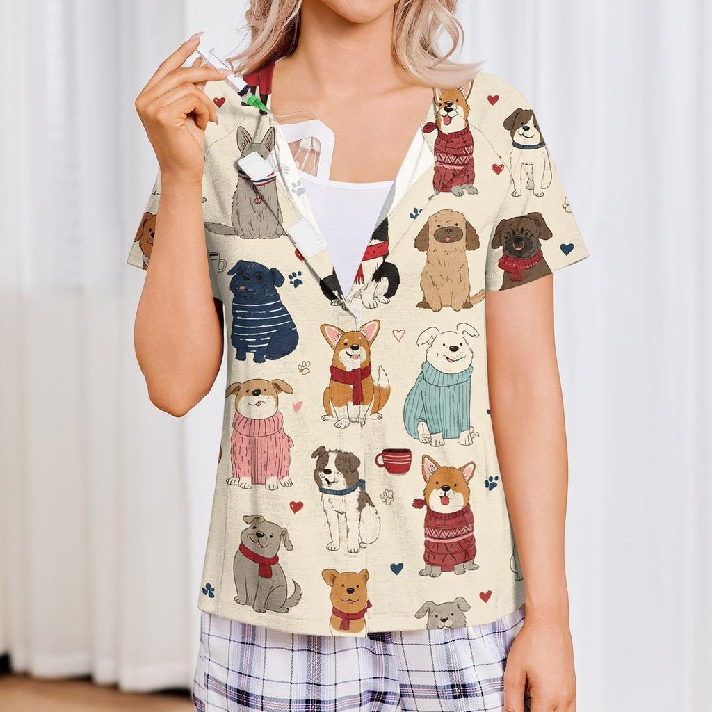 Women Post Surgery Shirt Striped Print Button Down Short Sleeve Four Pocket Top Lightweight Comfortable Fit Casual Wear