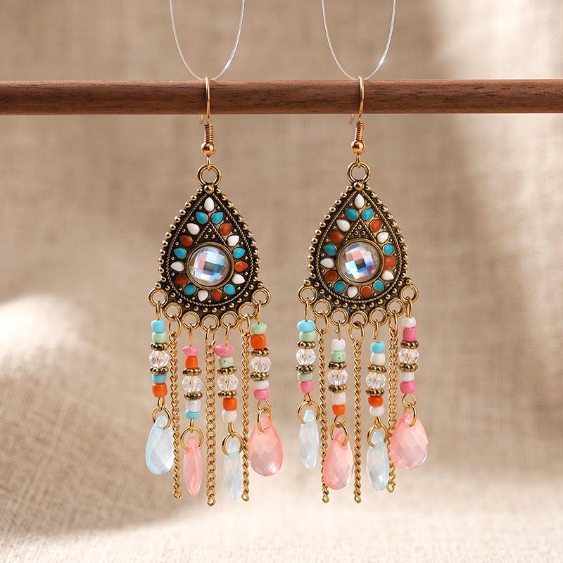 Vintage Bohemian Rhinestone Water Drop Dangle Earrings for Women Retro Texture Bead Chain Tassel Charm Earrings Ethnic Jewelry