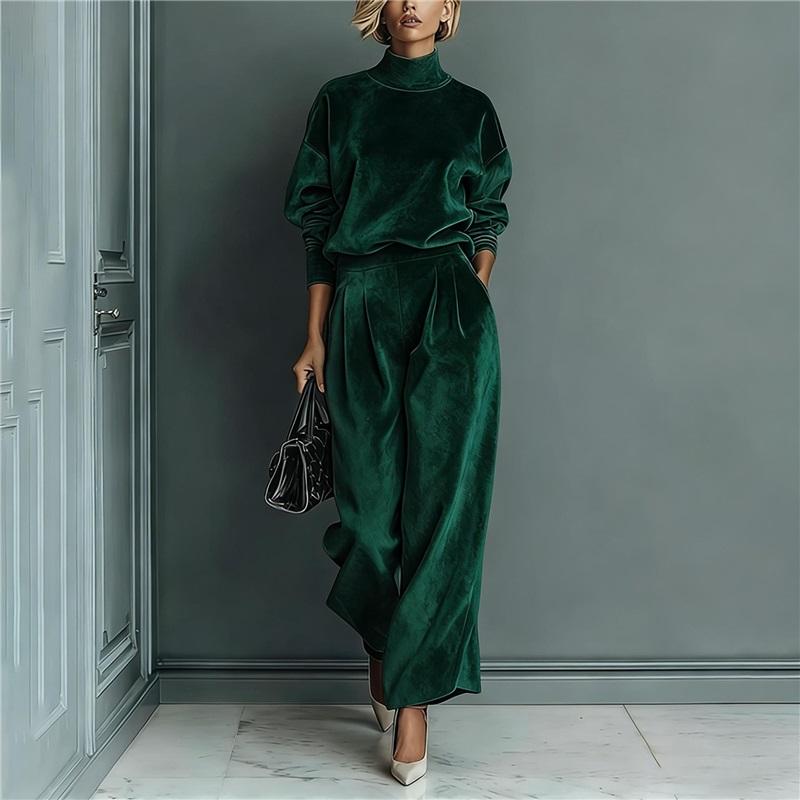 Velvet Matching 2 Piece Set Women Turtleneck Long Sleeve Top And Wide Leg Trousers