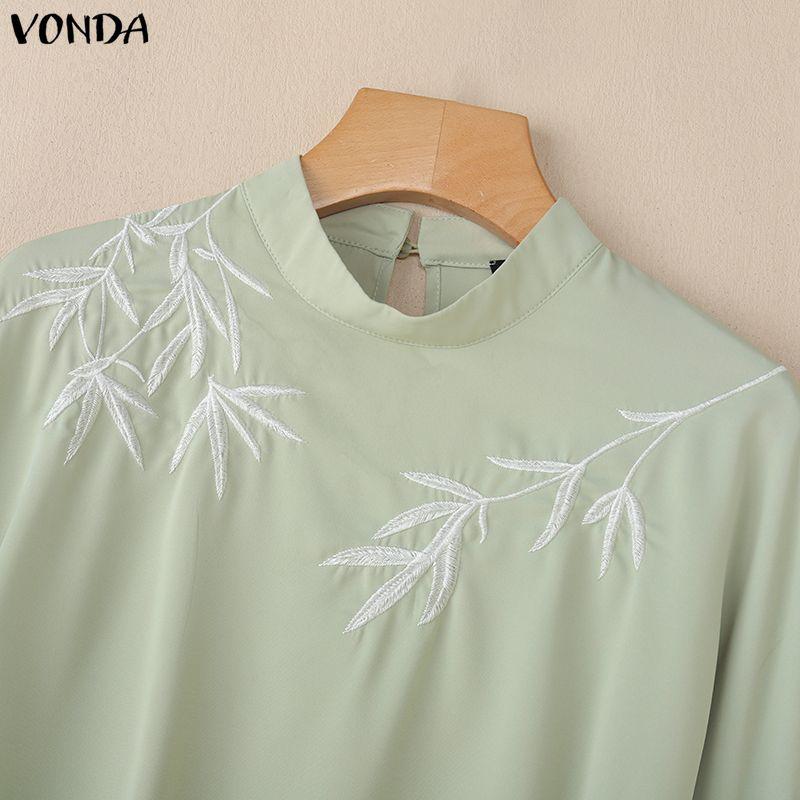 VONDA Damen Stehkragen Langarm Schlagarm Stickerei Elegant Lässig Bluse
