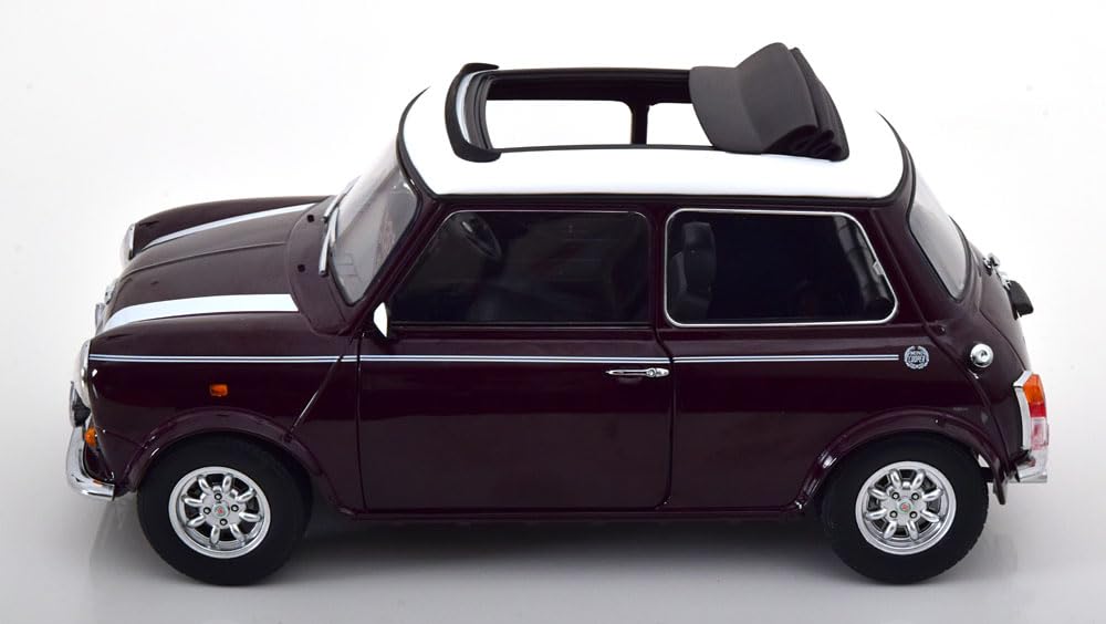 KK scale Mini Cooper with purple finished 1/12 sunroof, metallic/white, right-hand drive, model.