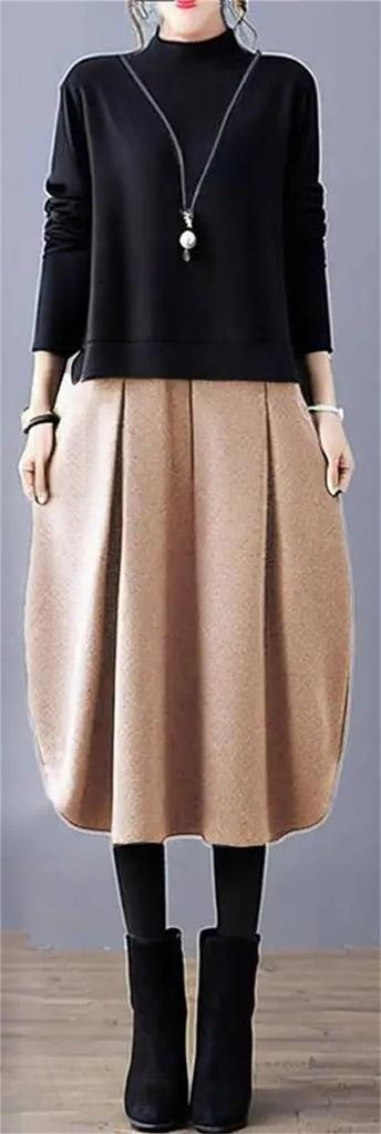 [YUANYUAN] Donking Dress Women's Gathered Dress Winter Dress Knee-Length Spring Autumn Winter Long Sleeve Color Matching Casual Relaxed Stylish Adult