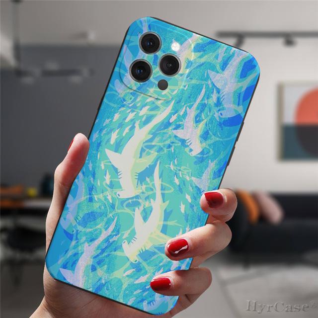 For Iphone 13 11 12 14 Pro Max X Xs Xr Mini 6s 7 8 Plus Xsmax Black Case Cosmic Whale Shark Animal Art Silicone Protective Cover
