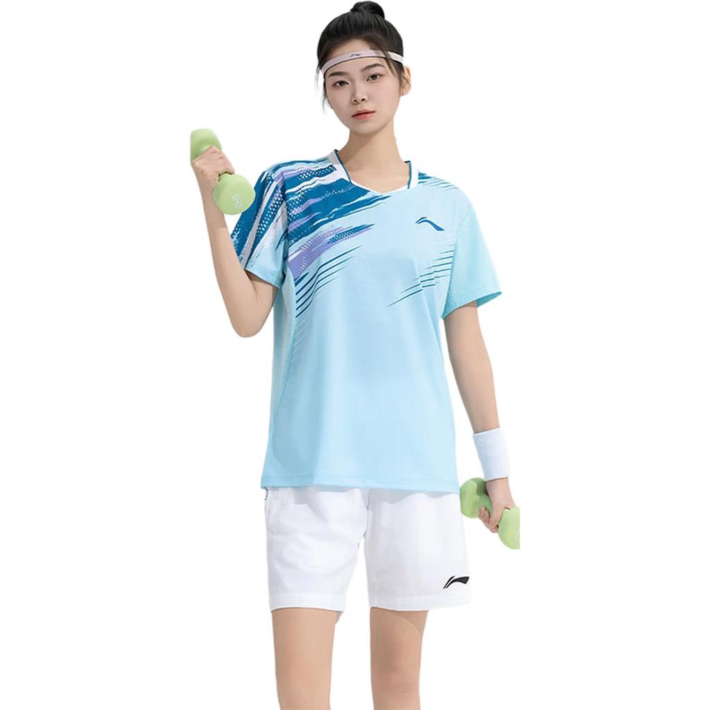 Li Ning Badminton Serie Graffiti-Print V-Ausschnitt Bequemes Atmungsaktives Lässiges Kurzarm-T-Shirt Unisex Oberteile Eisblau AAYV025-5