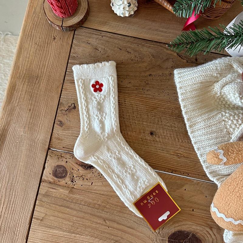 Velvet Bow New Year'S Socks, Exquisite Rabbit Plush Mixed Warm Big Red Socks