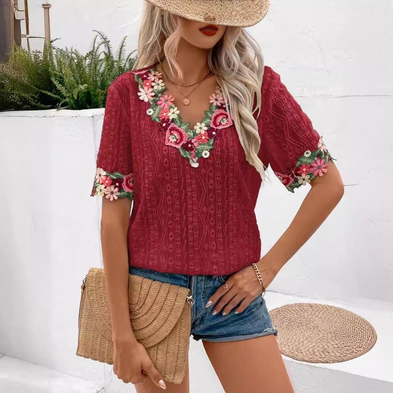Women's Summer Sexy Deep V-neck Lace Short Sleeved Top T-shirt for Women Shirt