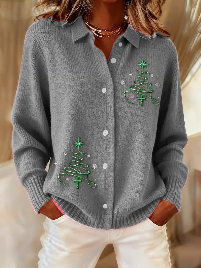 2026 New Women's 3D Print Lapel Cardigan Knit Shirt - European American Christmas Autumn Winter Top