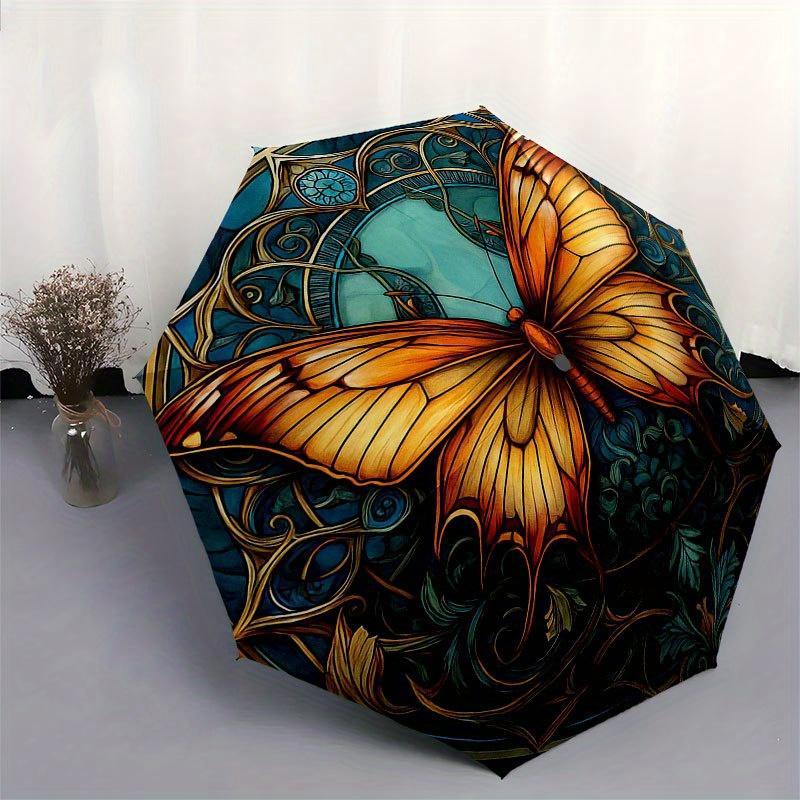 Stunning Butterfly Stained Cute Window Art Umbrella, Cute Umbrella with Cute Design, Portable 3-Fold Compact Umbrella for Men & Women, Valentine's Day