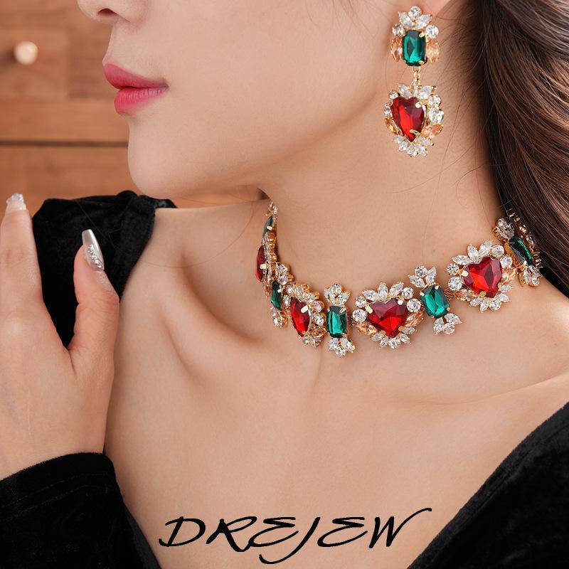 DREJEW 2025 Zircon Heart Pendant Earrings Necklace Exaggerated Retro Light Luxury Jewelry Set for Women Wholesale