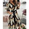 Summer Printed V-neck Plus Size Shirt Dress Women Cross Loose Long Sleeve Casual Dress Lady Office Simple Elegant Ladies Dresses 765