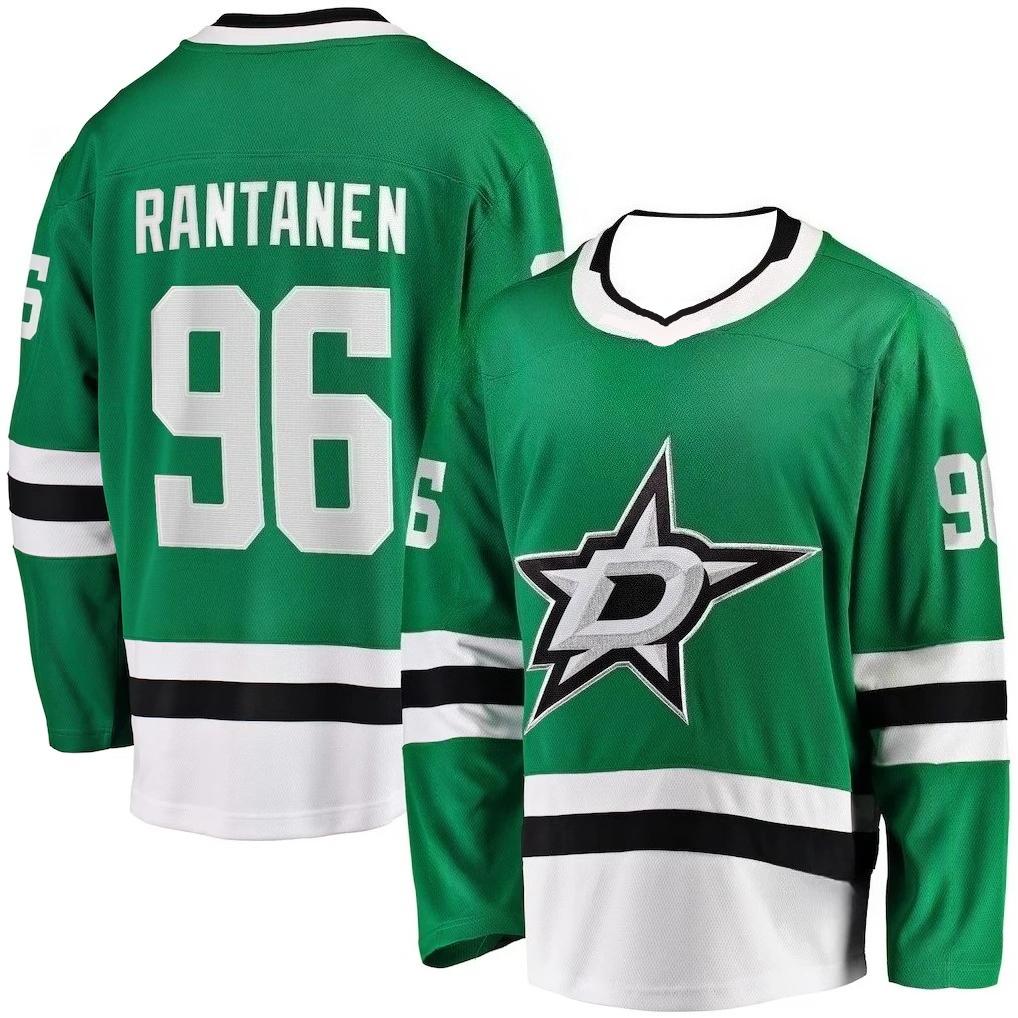 Хоккейная футболка Dallas Stars Зеленая с Белыми и Черными Акцентами Rantanen 96 Звезда Логотип D Дышащая Спортивная Футболка с Длинным Рукавом V-образный Вырез S зелёный
