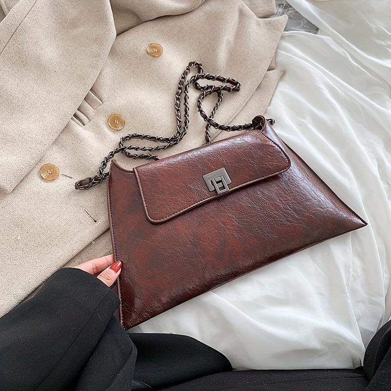 Large Capacity Messenger Bag, Vintage Chain Flap Square Purse, Women's PU Leather Shoulder Bag