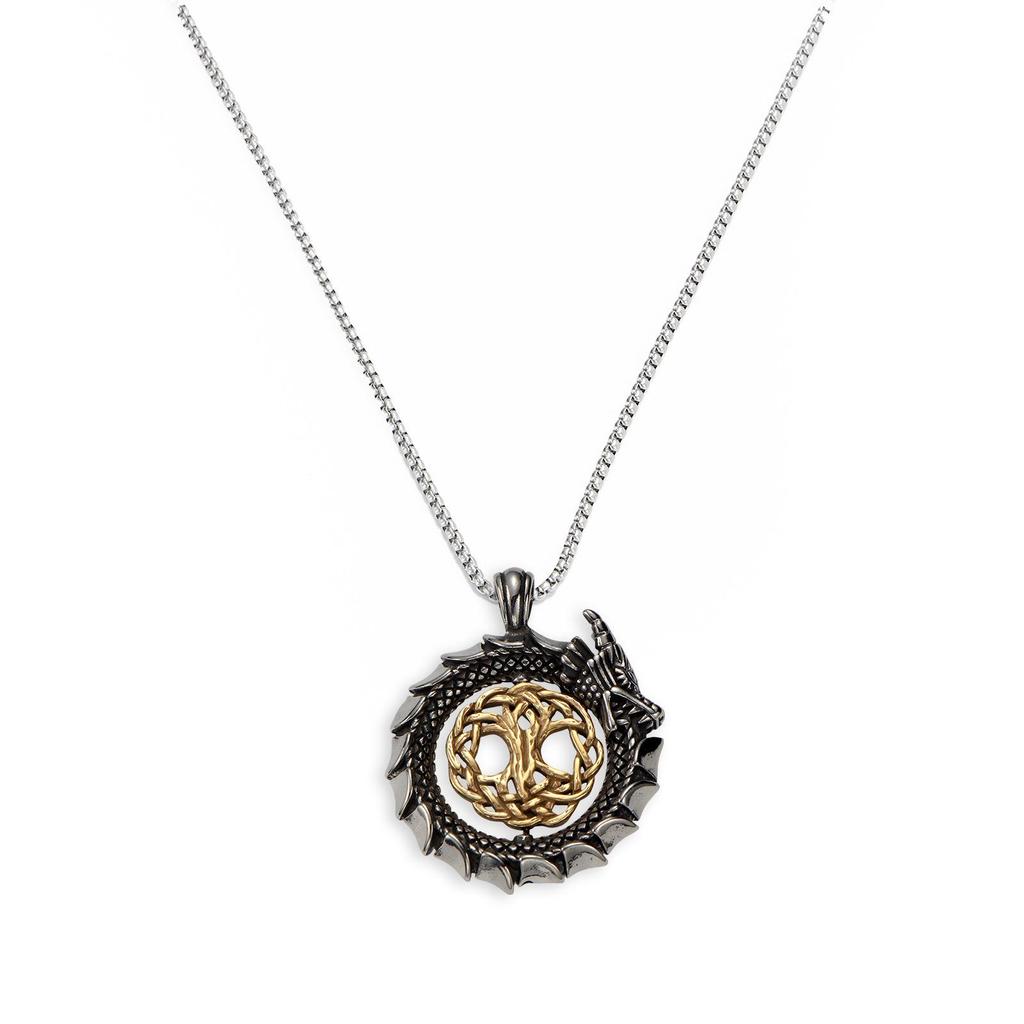 Stainless Steel Ouroboros Tree of Life Pendant Necklace